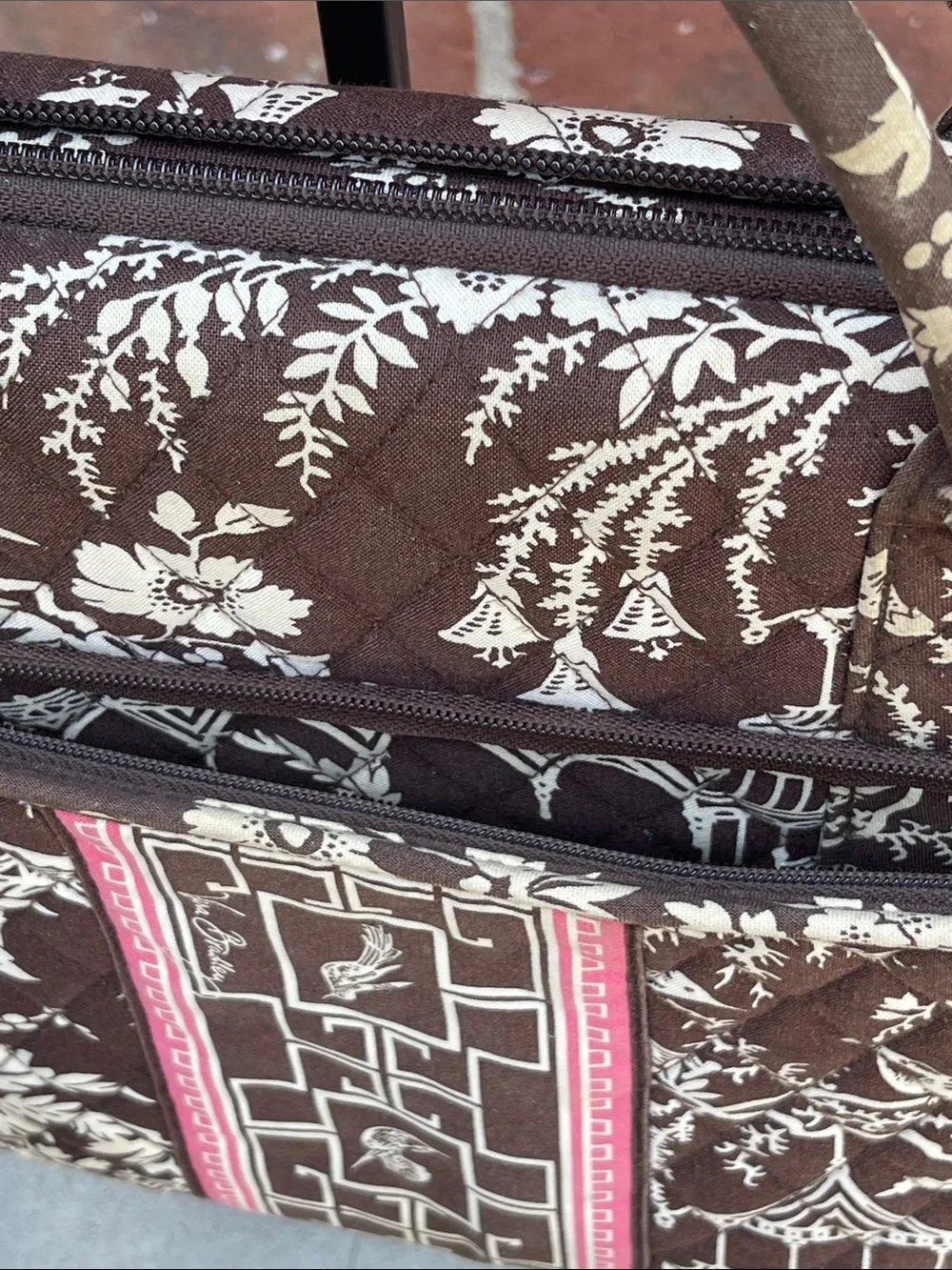 Vera Bradley Brown & Cream Quilted Laptop Tote with Pink Accent